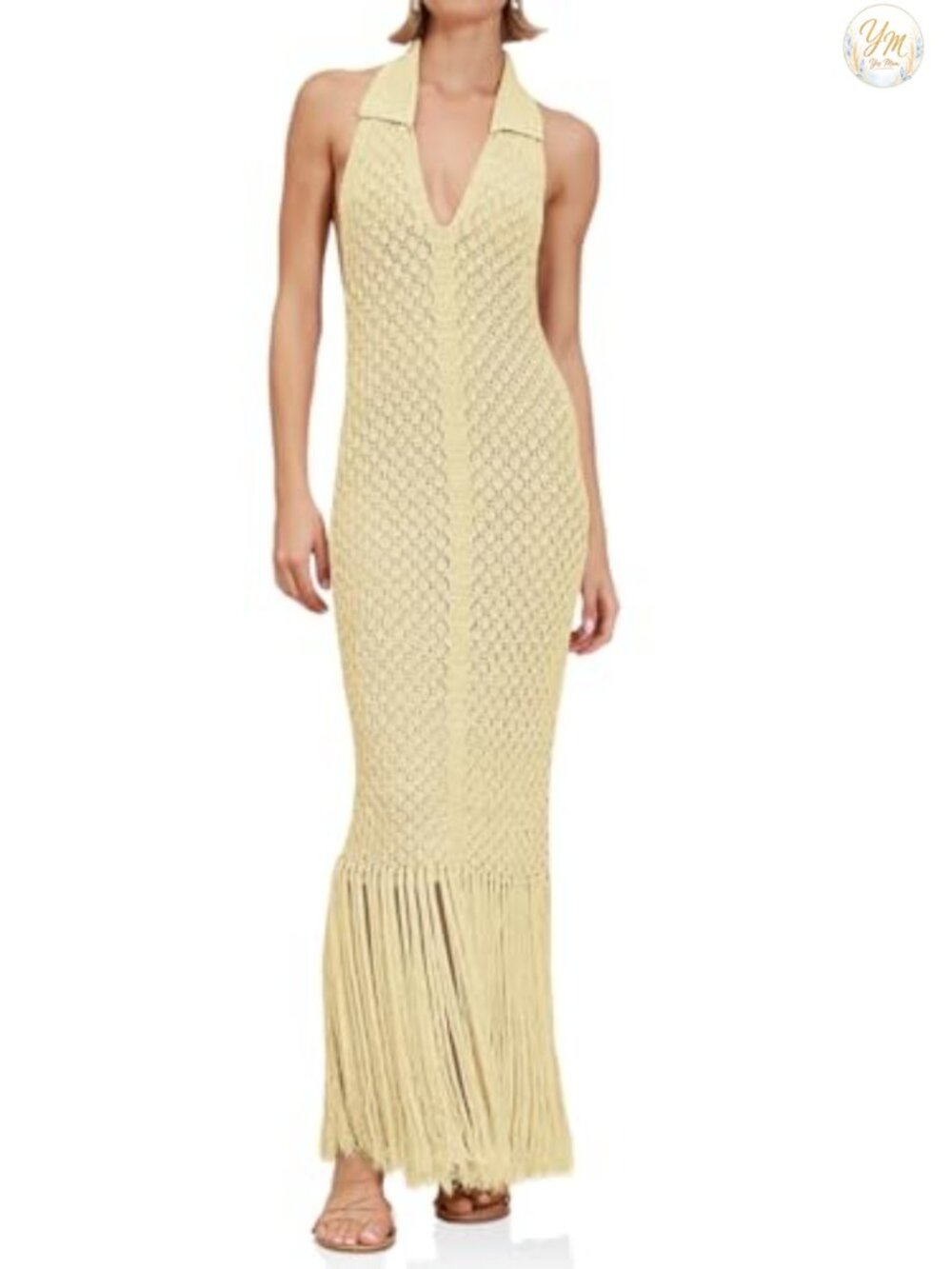 Women's Crochet Halter Cover Up Fringe Backless Beach Maxi Dress
